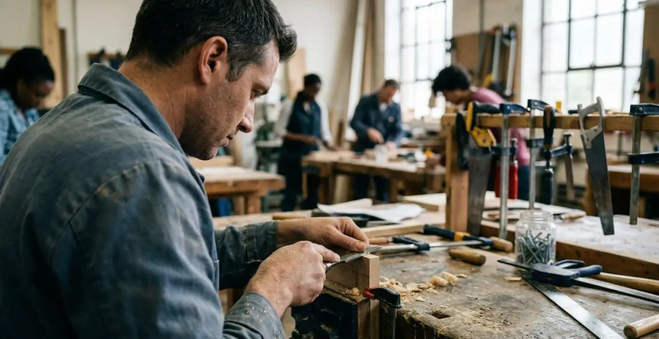 Une personne concentrée manipule un outil dans un atelier de formation, entourée d'autres apprenants flous en arrière-plan