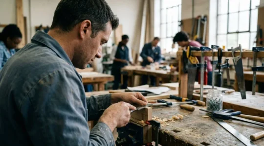 Une personne concentrée manipule un outil dans un atelier de formation, entourée d'autres apprenants flous en arrière-plan
