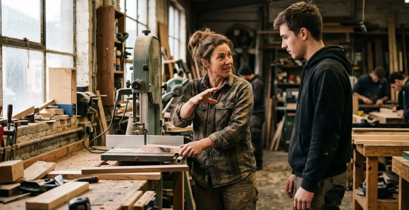 Deux personnes debout côte à côte dans un espace de travail, l'une montre quelque chose à l'autre avec un geste de la main