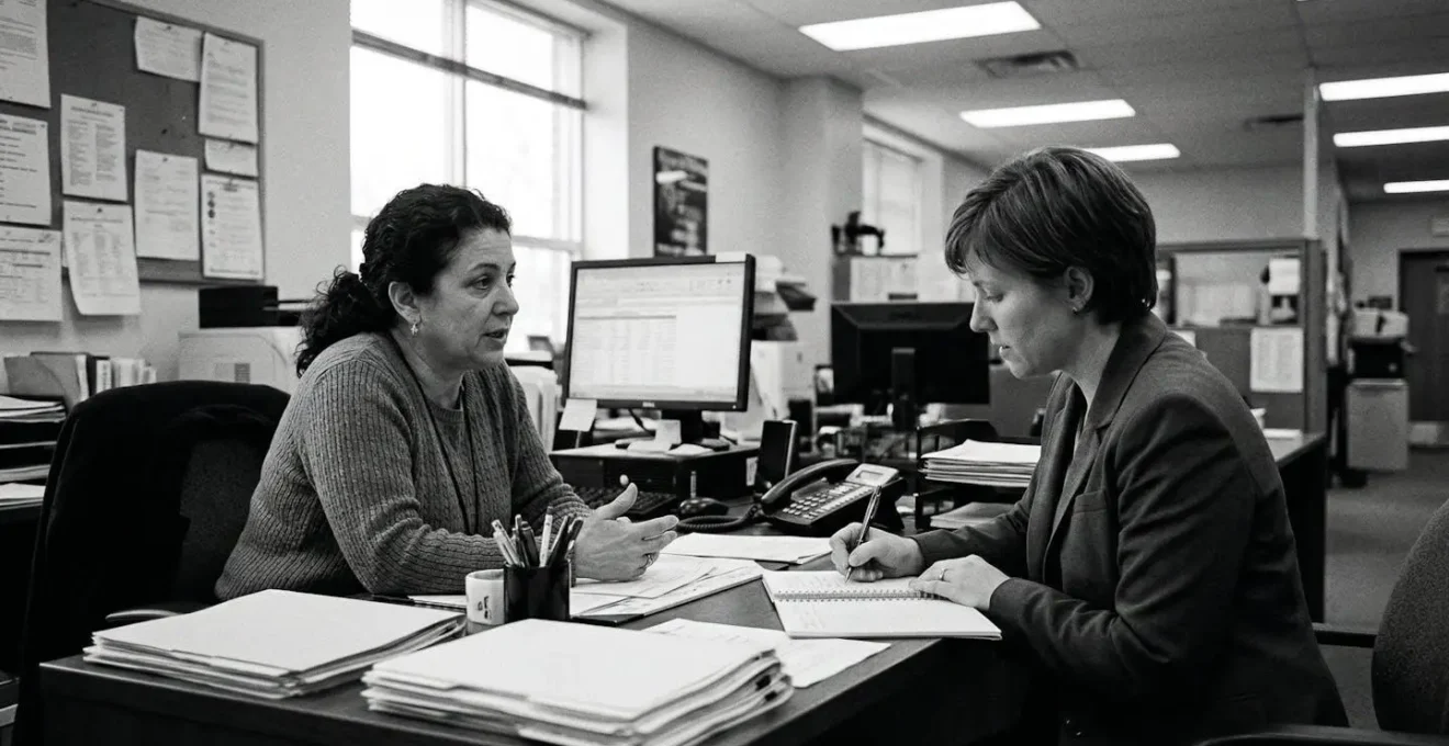 Deux personnes assises face à face dans un bureau administratif, l'une prend des notes sur un document