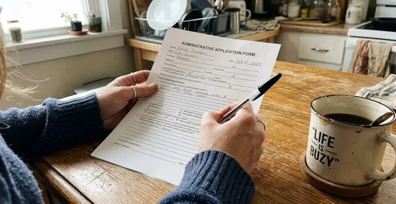 Des mains féminines tiennent un formulaire administratif au-dessus d'une table de cuisine, une tasse de café visible à côté